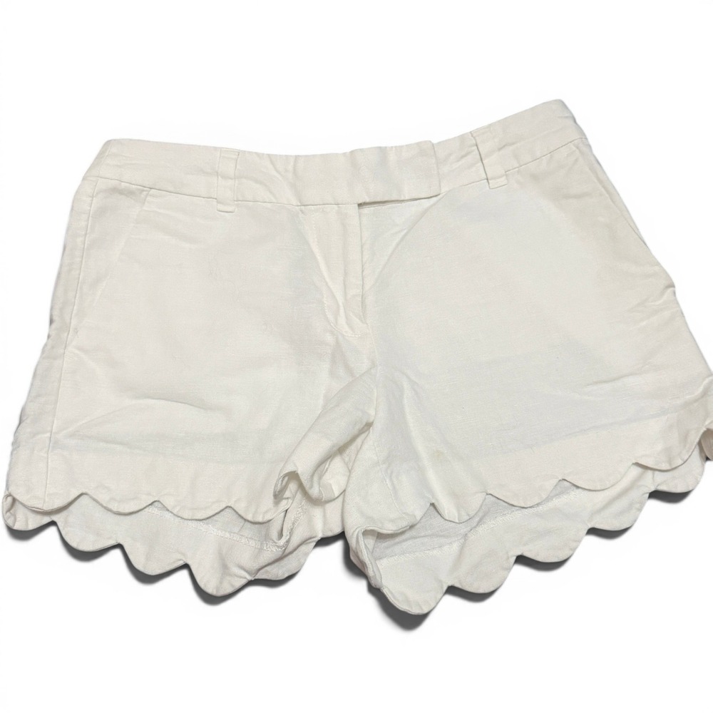 J.Crew Scalloped Hem Shorts Women 2‎ White Linen Blend Preppy Coastal